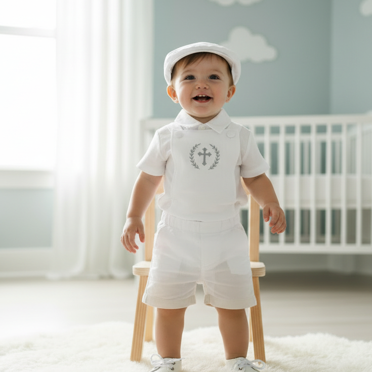 Boys white pure linen overalls suspender shorts with optional shirt and embroidery