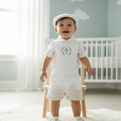 Boys white pure linen overalls suspender shorts with optional shirt and embroidery