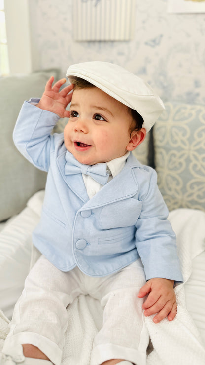 Blue chambray set with blue pants, white linen shirt, white, blue or beige suspenders and blue bow tie