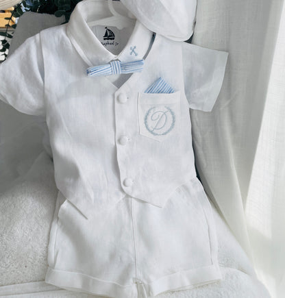White linen Baptism vest set with shirt, suspender shorts, bowtie and optional embroidery cap and shoes