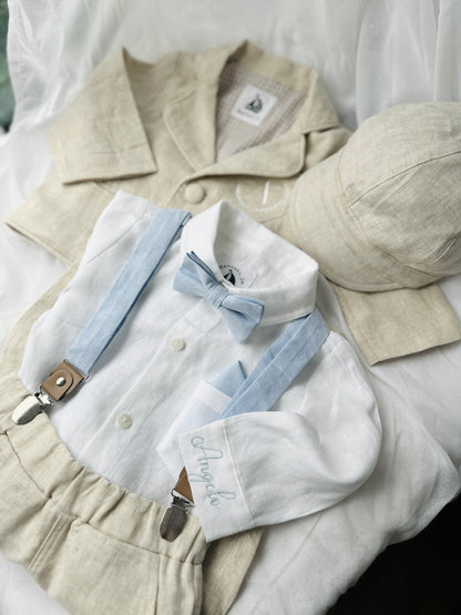 Beige linen baby and toddler boys formal baptism or wedding suit with accessories and optional personalisation