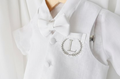 Boys white vest with white linen suit and navy jacket set