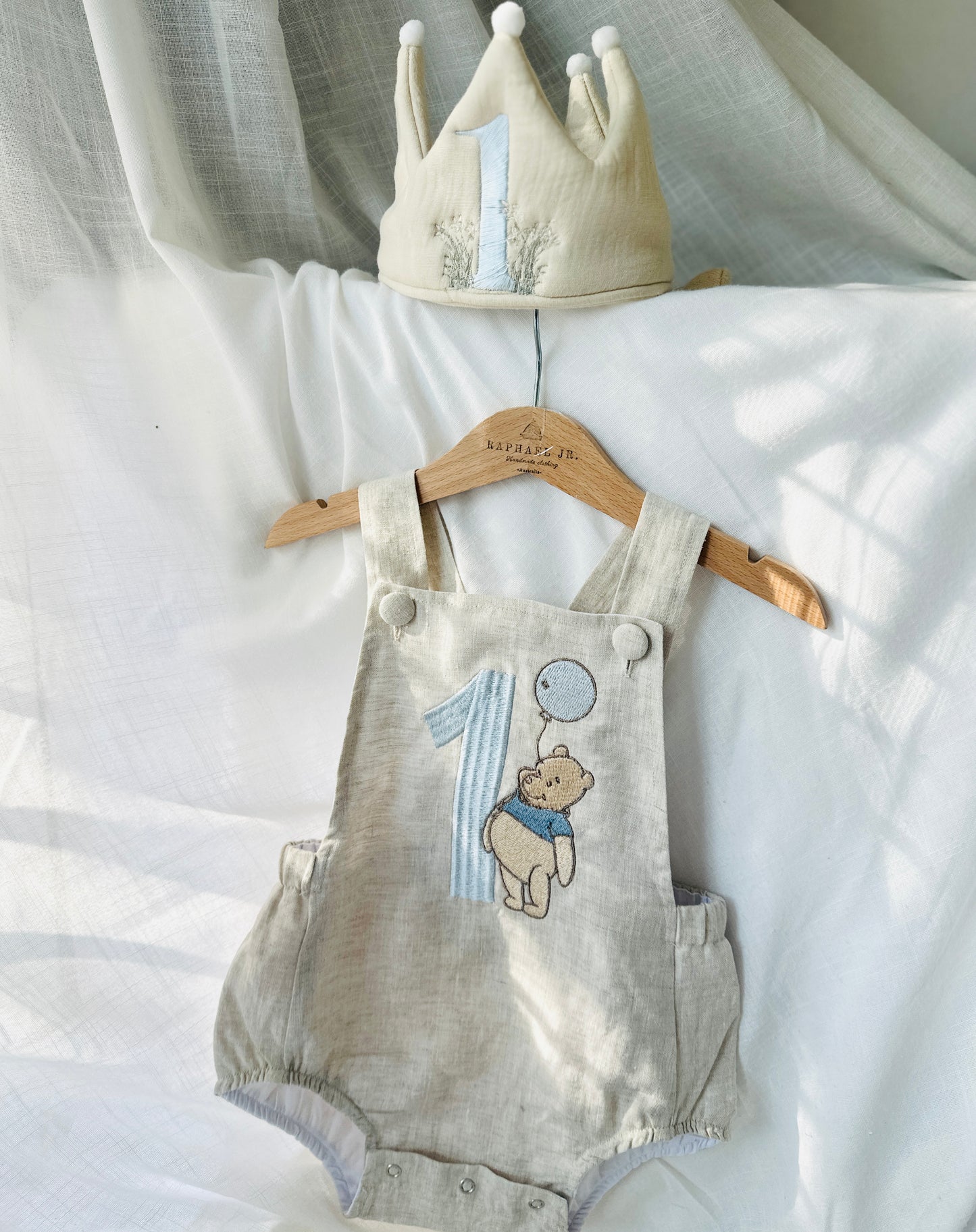 Beige and white linen and cotton baptism romper and linen shirt set