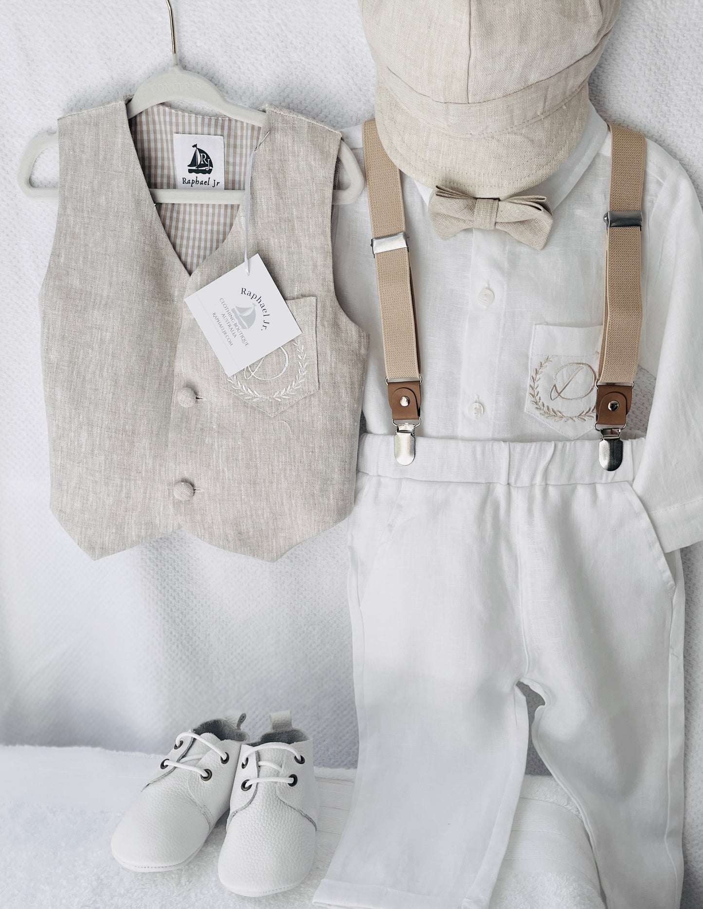 White and Beige Linen set with vest, shirt, pants, suspenders and bowtie plus optional jacket, cap and shoes