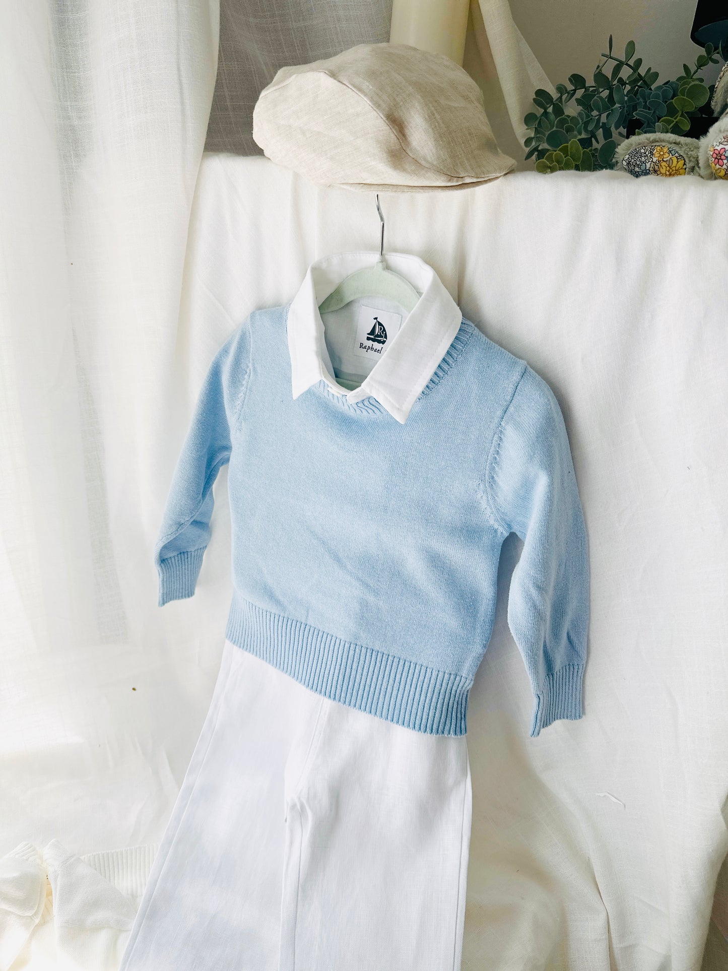Baby blue cotton sweater with optional embroidery