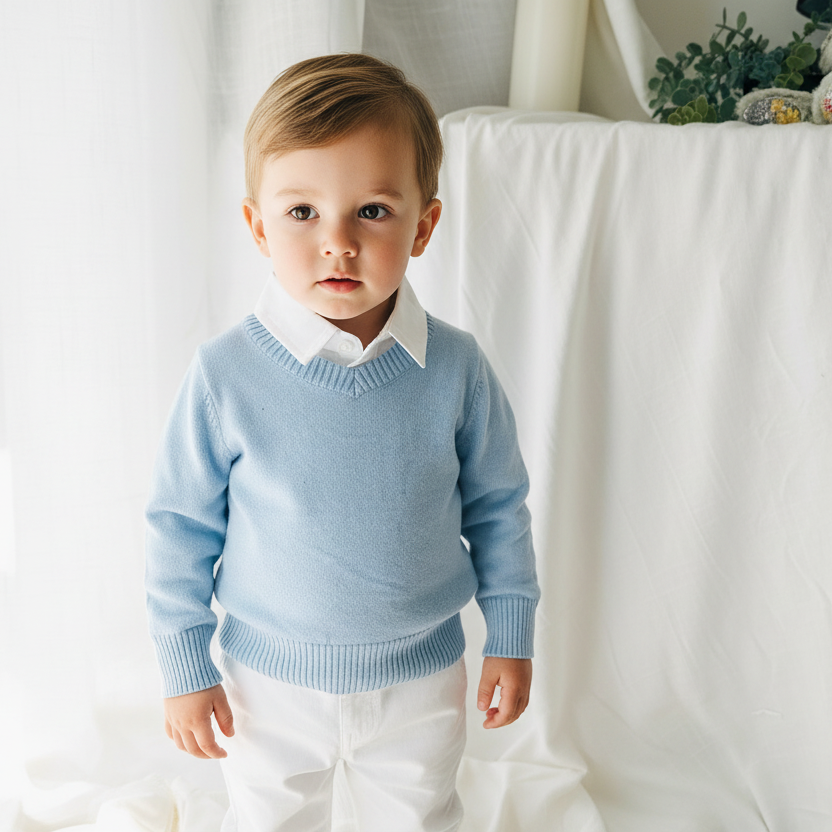 Baby blue cotton sweater with optional embroidery