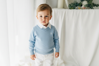 Baby blue cotton sweater with optional embroidery