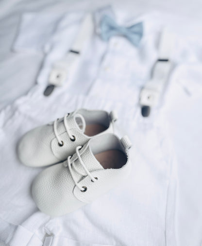 White linen Baptism Suit outfit with optional blue jacket and Accessories