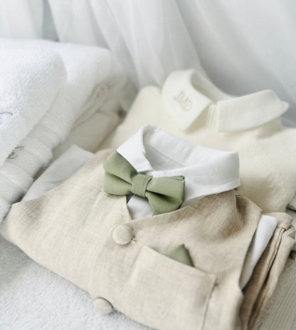 Beige Linen vest suit, shirt, pants, suspenders and bowtie plus optional jacket, cap and shoes