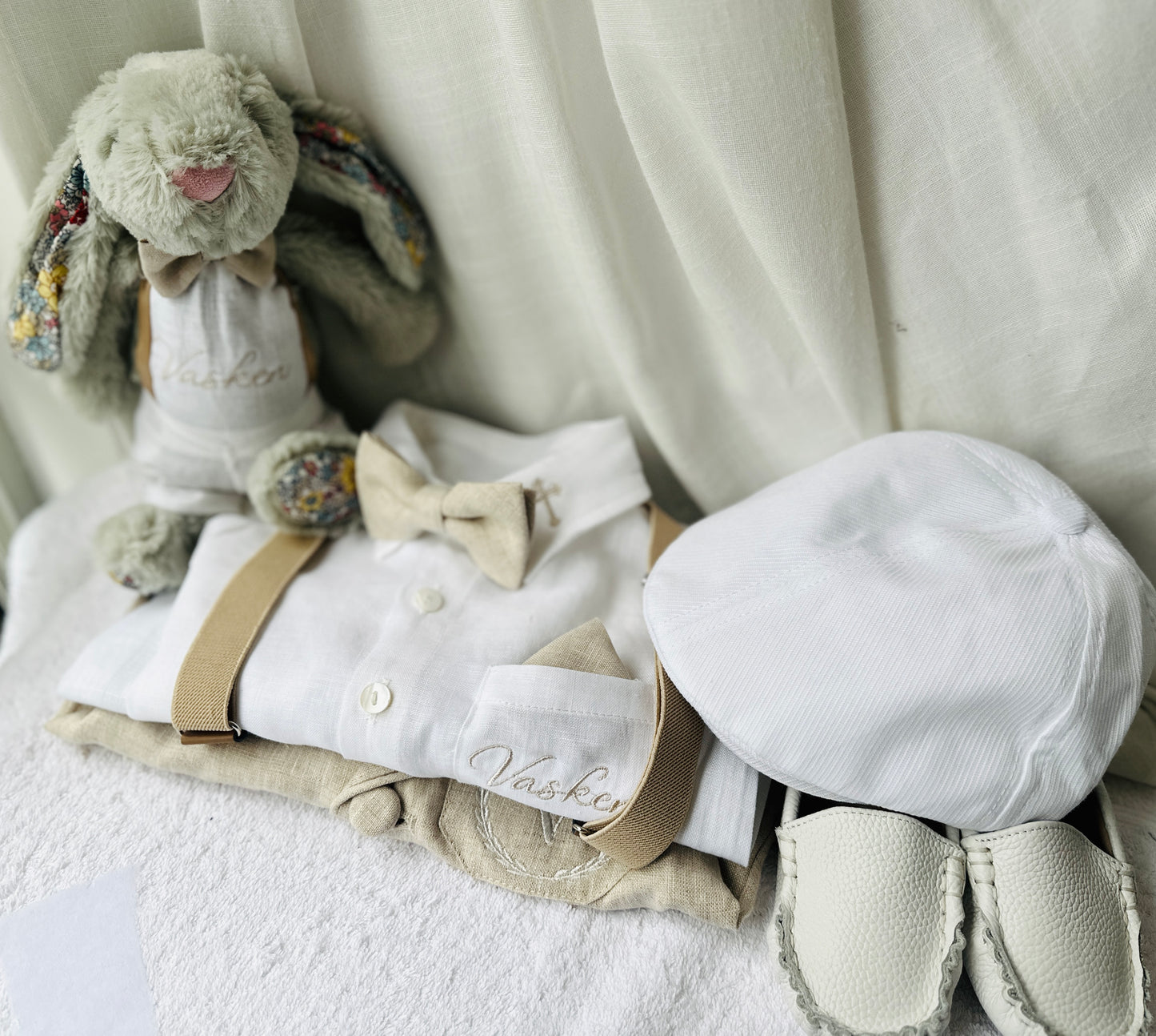 Beige linen pants and shirt set with bowtie and suspenders and optional personalisation