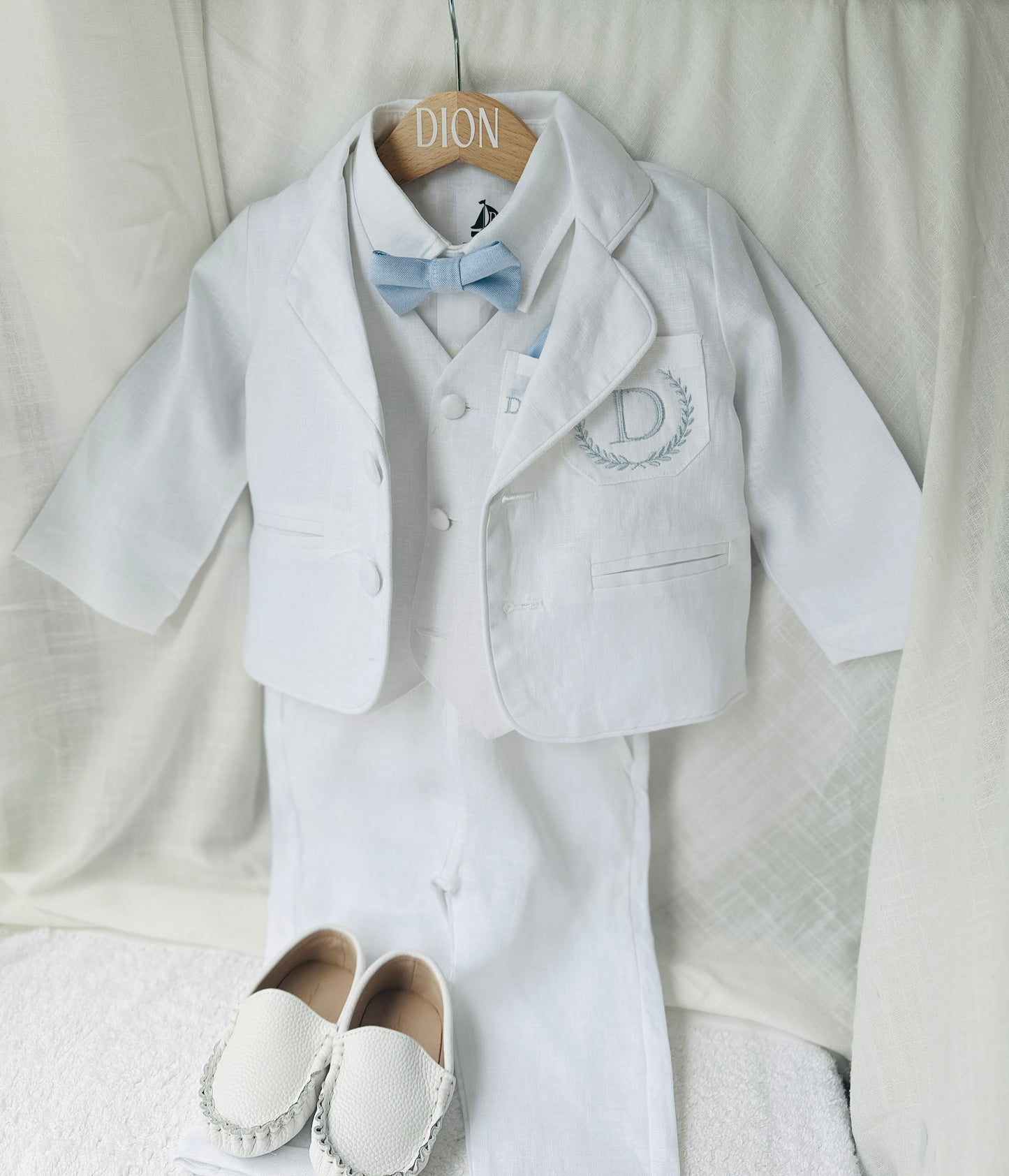 Boys white linen full length Baptism set with vest, shirt, pants, suspenders and bow tie