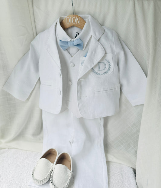 Boys white linen full length Baptism set with vest, shirt, pants, suspenders and bow tie