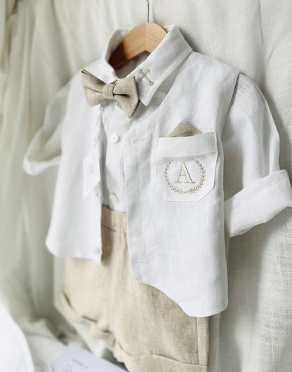 Boys white and beige linen Baptism and Wedding Outfit with vest, shirt, shorts, suspenders and bow tie