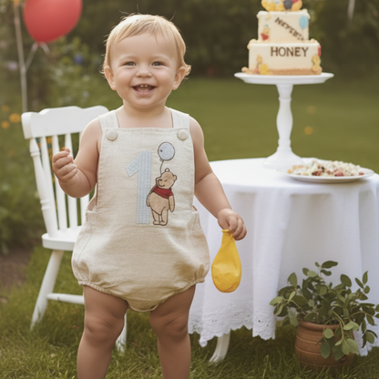 Boys Beige Linen First Birthday romper Pooh Bear and other designs