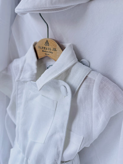 Boys white pure linen overalls suspender shorts with optional shirt and embroidery