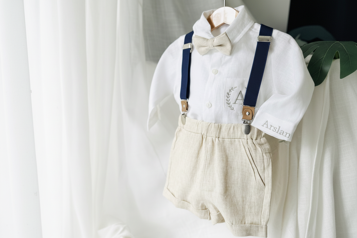 Beige Linen Summer Suit with navy blue accessories