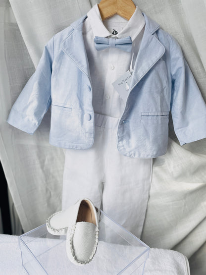 White linen Baptism Suit outfit with optional blue jacket and Accessories