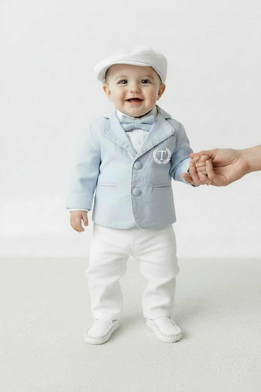 Boys Pale Blue chambray Jacket and White Linen Baptism Outfit