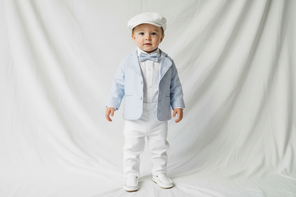 White linen Baptism Suit outfit with optional blue jacket and Accessories