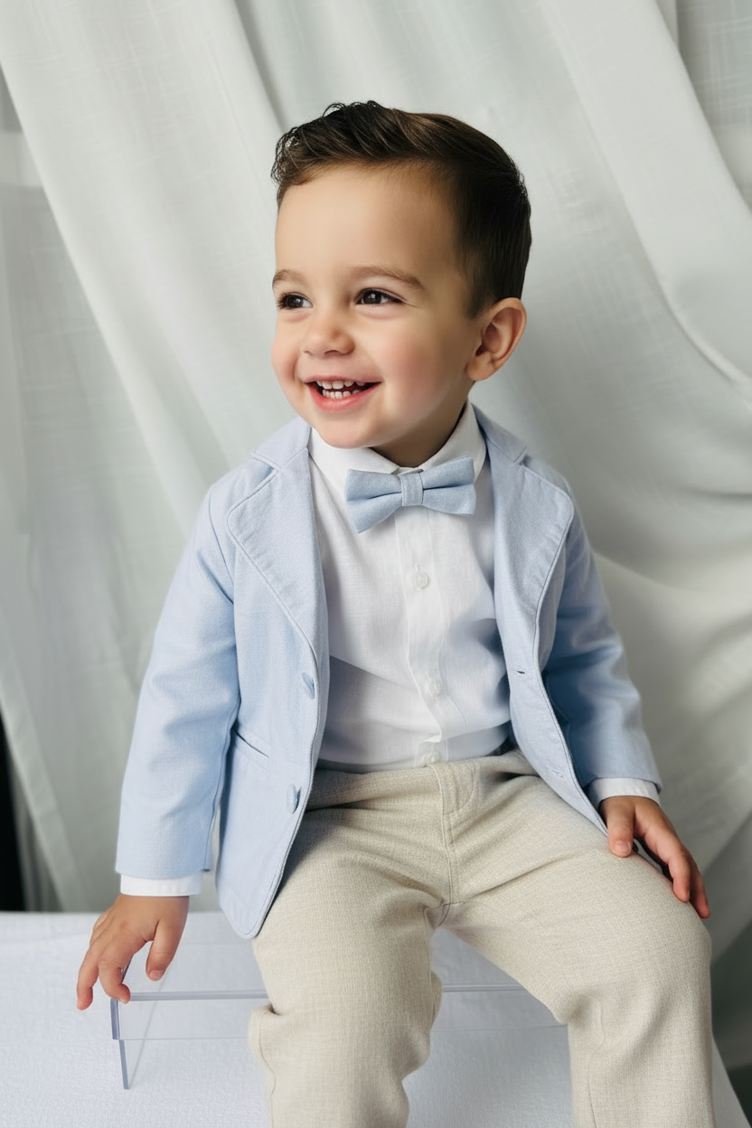 Boys Pale Blue chambray Jacket and beige Linen pants suit
