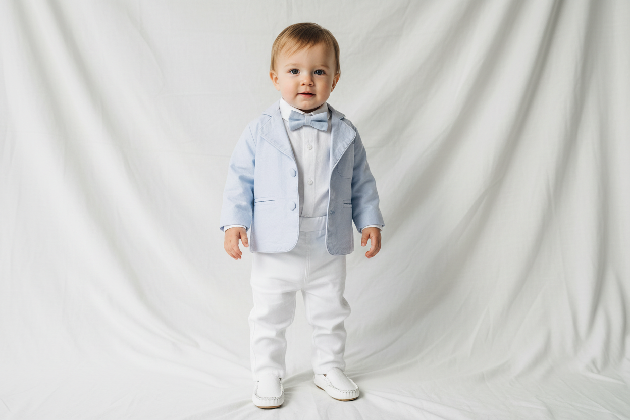 White linen Baptism Suit outfit with optional blue jacket and Accessories