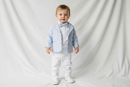 White linen Baptism Suit outfit with optional blue jacket and Accessories