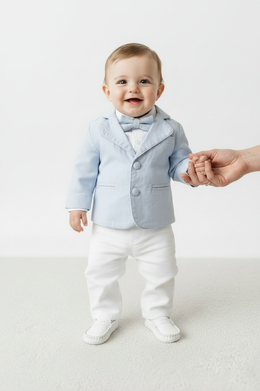 Boys Pale Blue chambray Jacket and White Linen Baptism Outfit