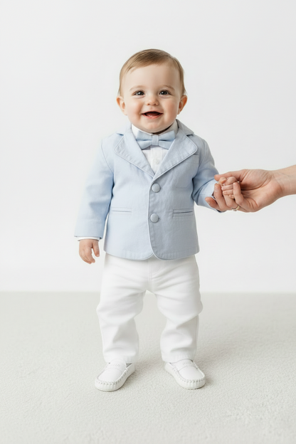 Boys Pale Blue chambray Jacket and White Linen Baptism Outfit