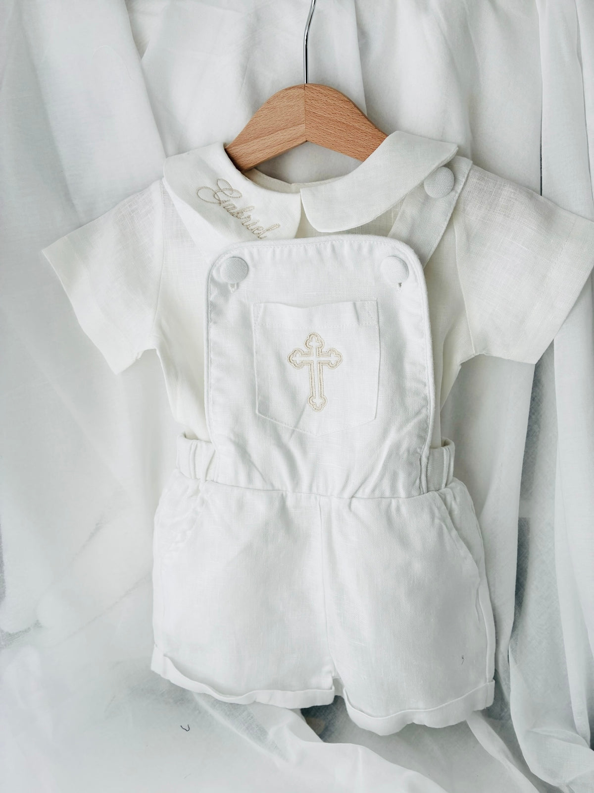 Boys white pure linen overalls suspender shorts with optional linen blouse and embroidery