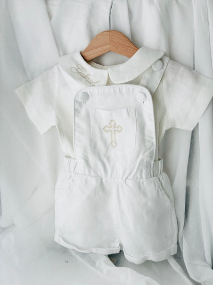 Boys white pure linen overalls suspender shorts with optional linen blouse and embroidery