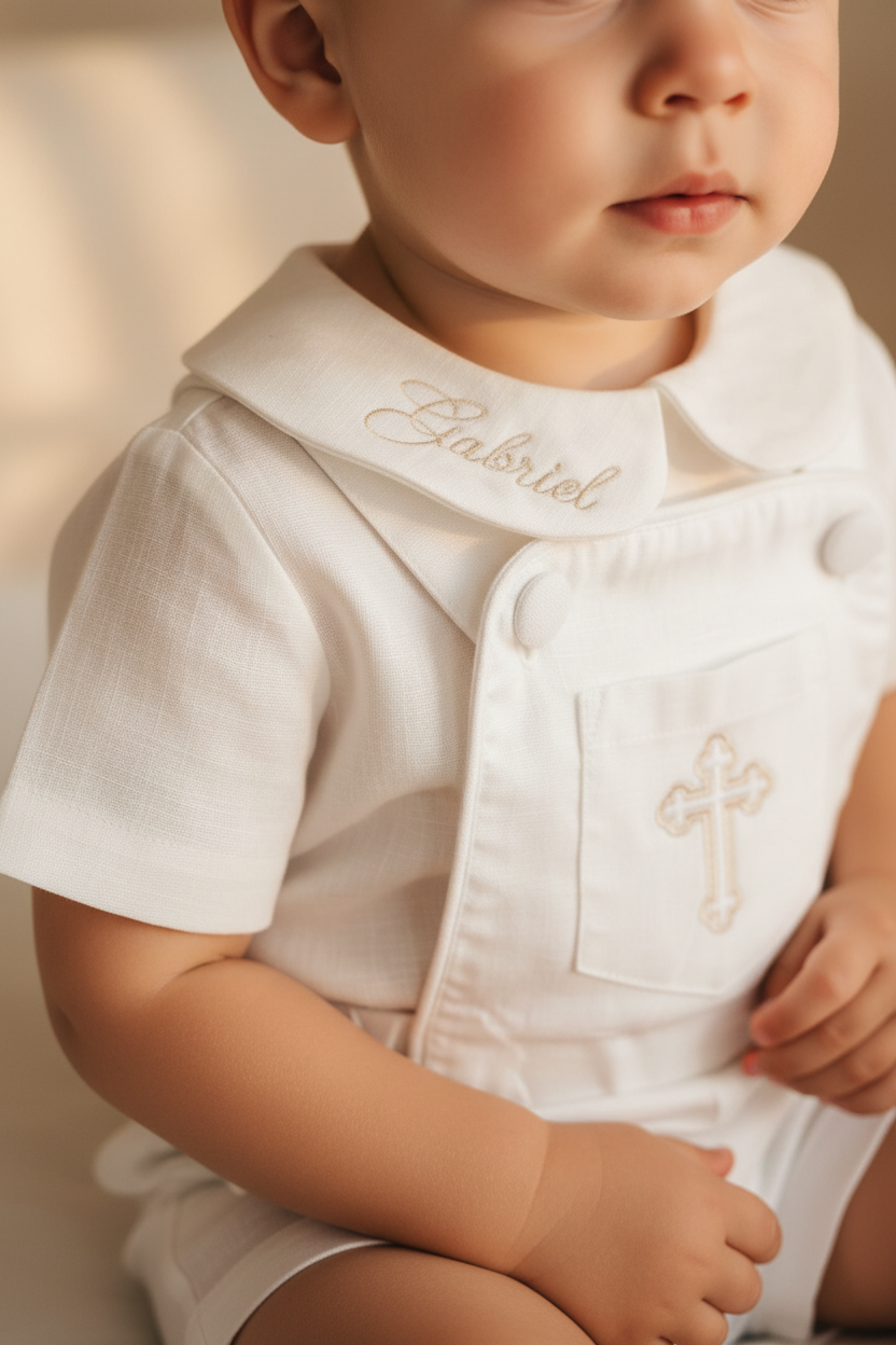 Boys white pure linen overalls suspender shorts with optional linen blouse and embroidery