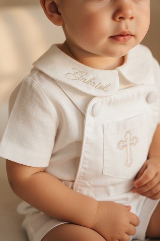 Boys white pure linen overalls suspender shorts with optional linen blouse and embroidery