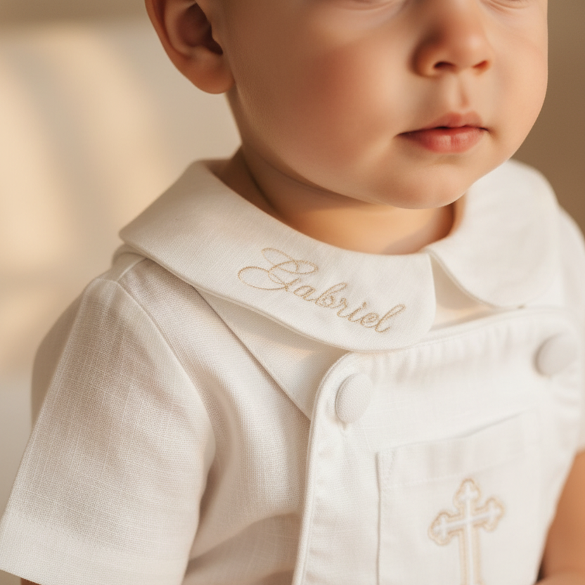 Boys white pure linen overalls suspender shorts with optional linen blouse and embroidery