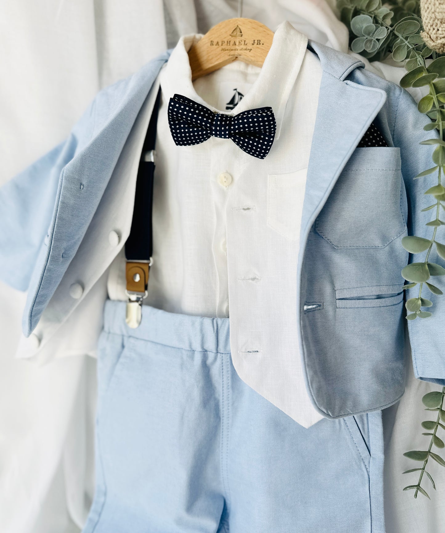 Pale Blue Suit with white linen vest and optional Jacket