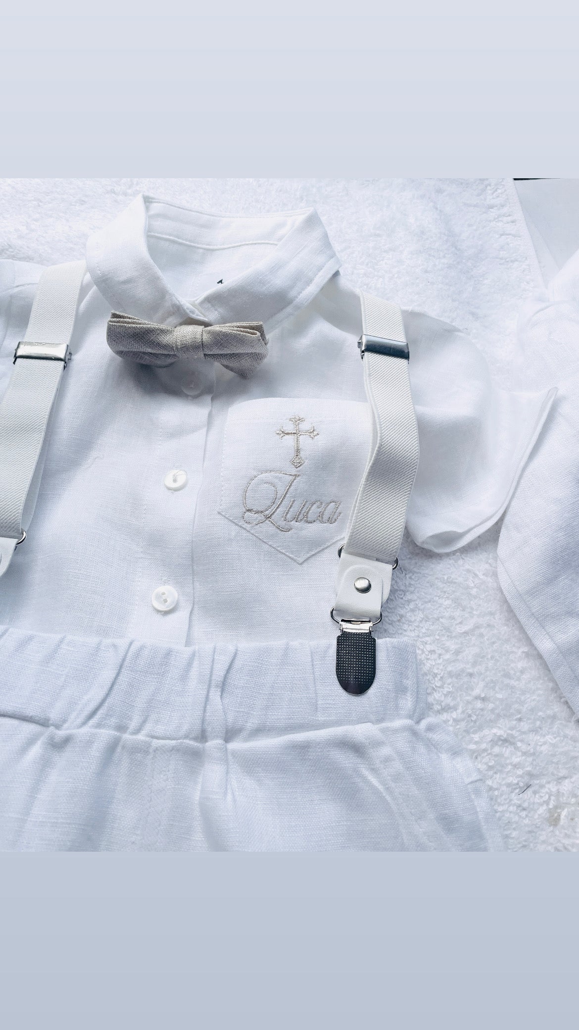 Baby and Toddler Boys white linen baptism outfit with bloomers, shirt, suspenders, bow tie