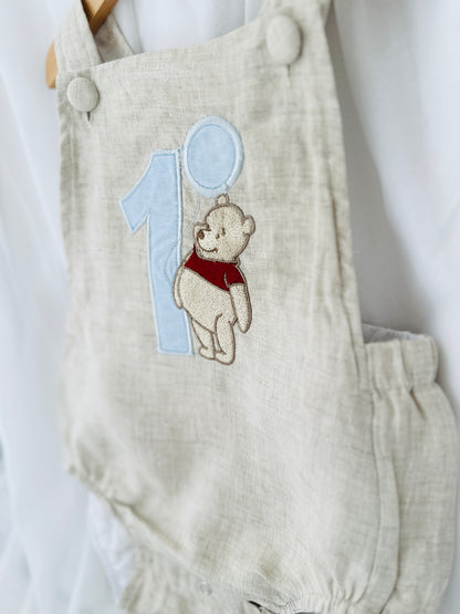 Boys White Linen First Birthday overalls romper one silly goose onederful world oneder the sea teddy car balloons and more