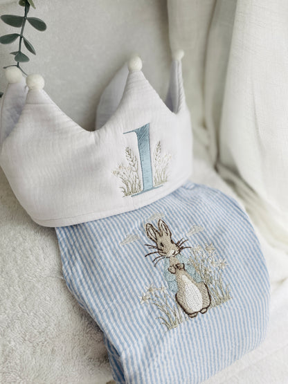 Boys Beige Linen First Birthday romper Pooh Bear and other designs