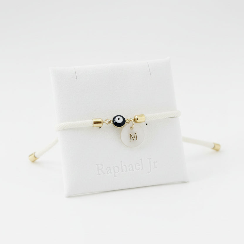Evil eye bracelet white rope with gold clasps and optional charm