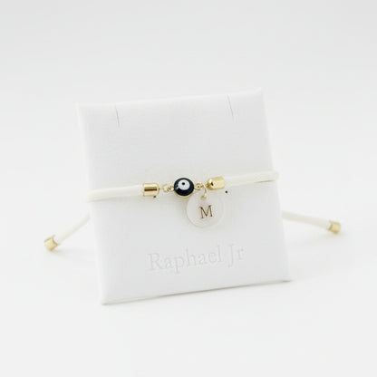 Evil eye bracelet white rope with gold clasps and optional charm