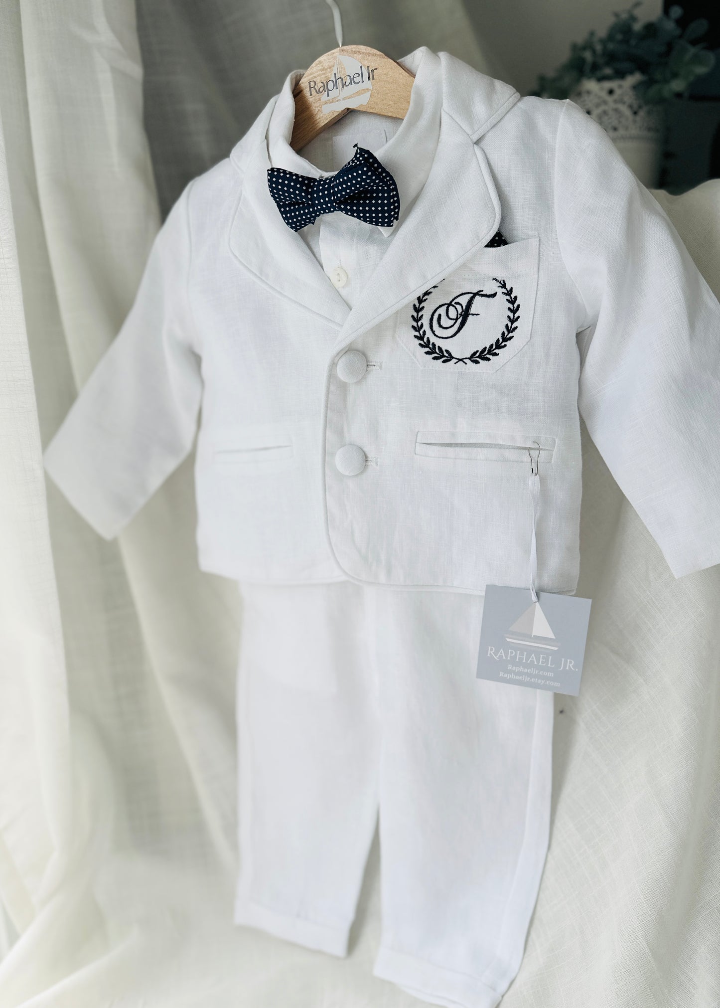 White linen Baptism suit set with pants, shirt, suspenders and bowtie plus optional jacket and extras