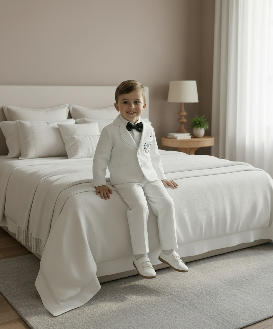 White linen Baptism suit set with pants, shirt, suspenders and bowtie plus optional jacket and extras
