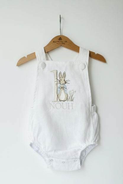 Boys Blue or white Birthday romper overalls Peter Rabbit