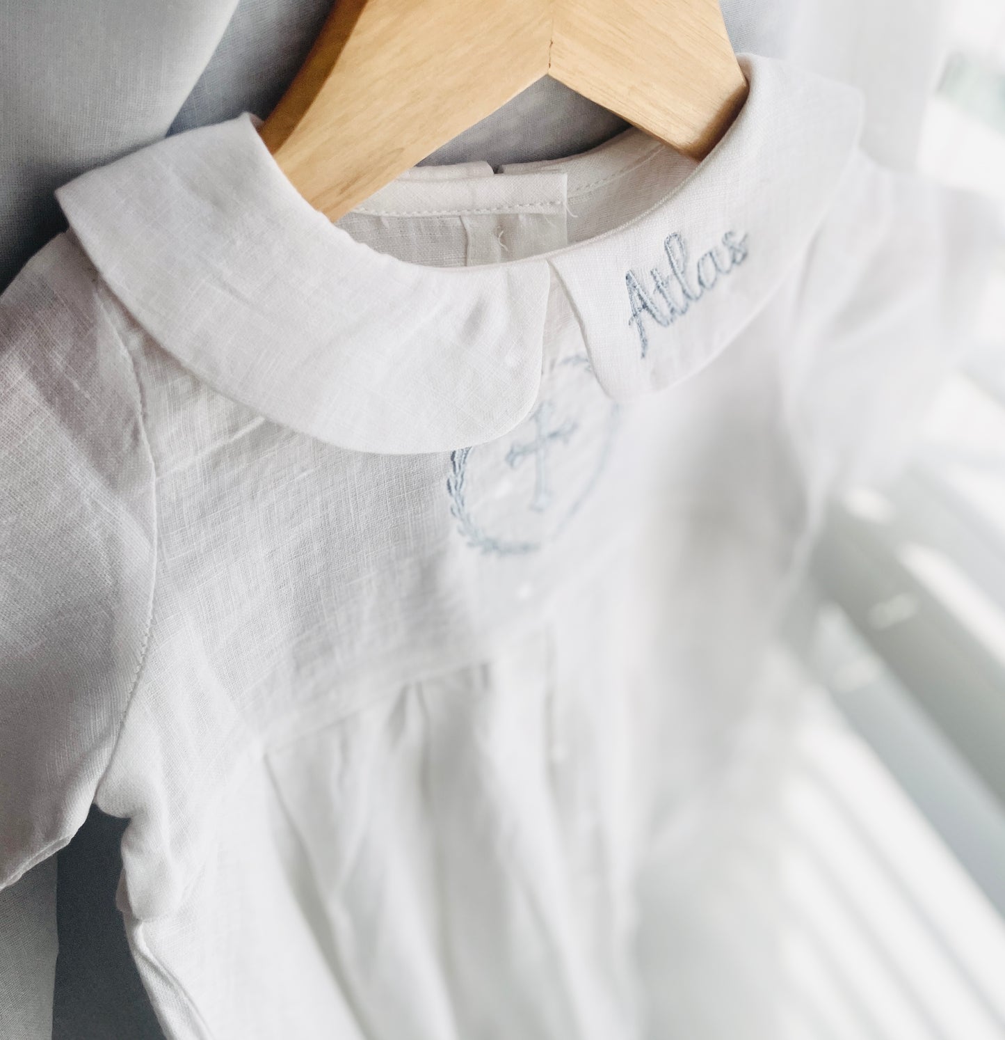 Linen Baptism peter pan collar romper outfit with optional embroidery customisation