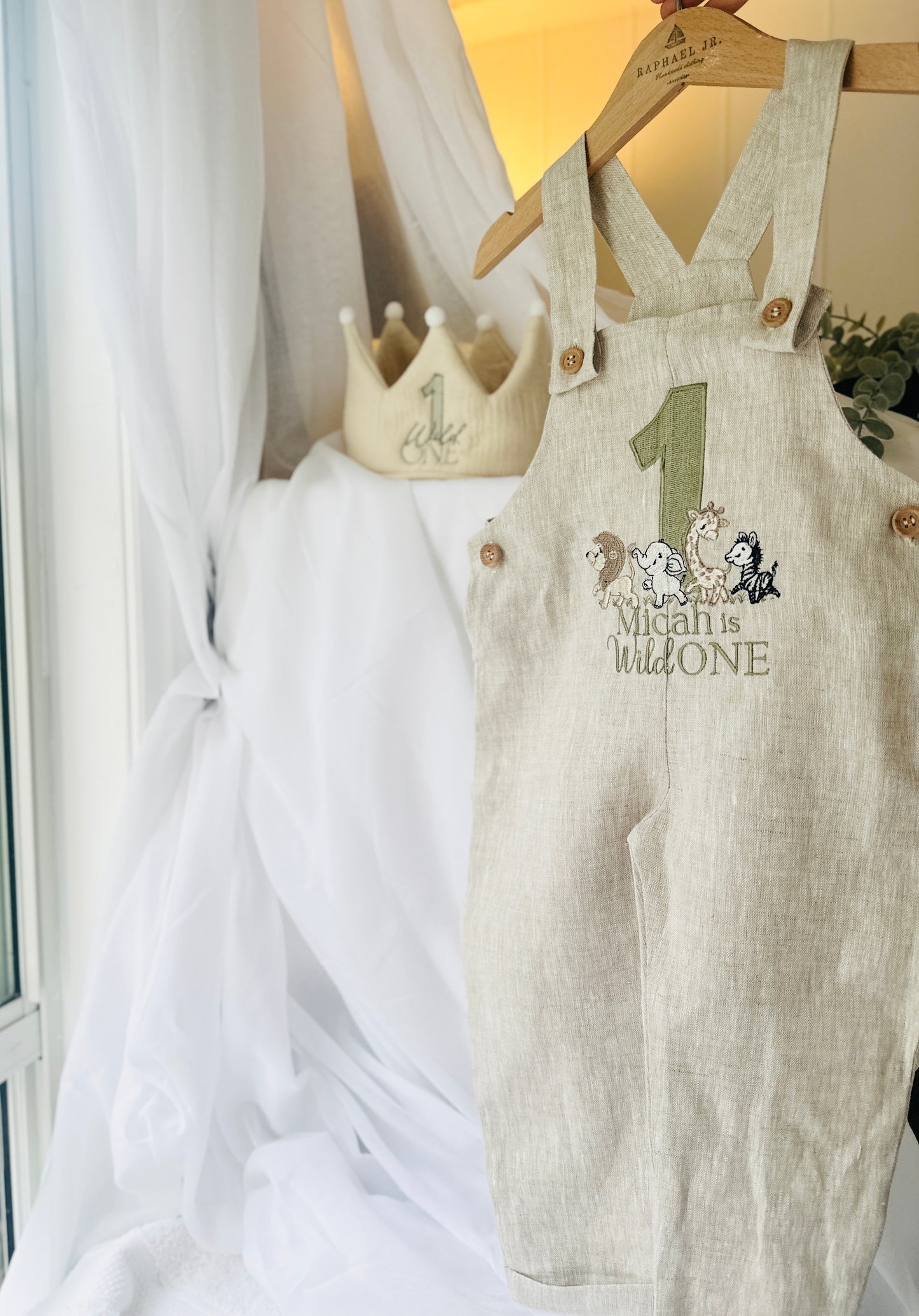 Boys Beige Linen Birthday overalls romper dungarees safari balloon fast car wild sea themes