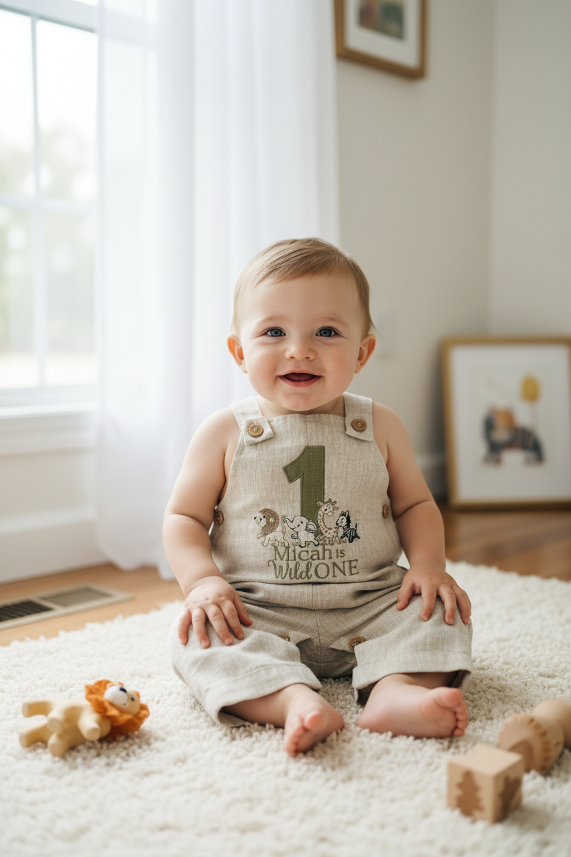 Boys Beige Linen Birthday overalls romper dungarees safari balloon fast car wild sea themes
