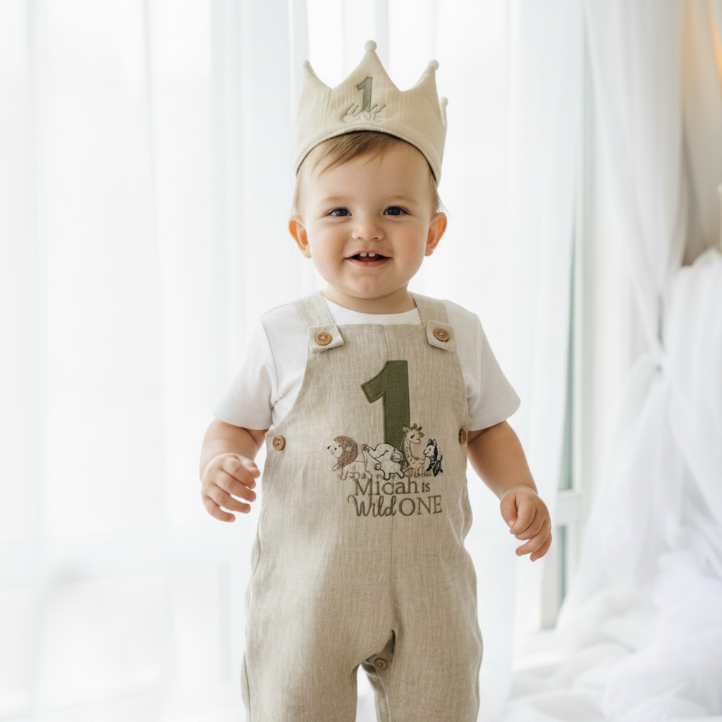 Boys Beige Linen Birthday overalls romper dungarees safari balloon fast car wild sea themes