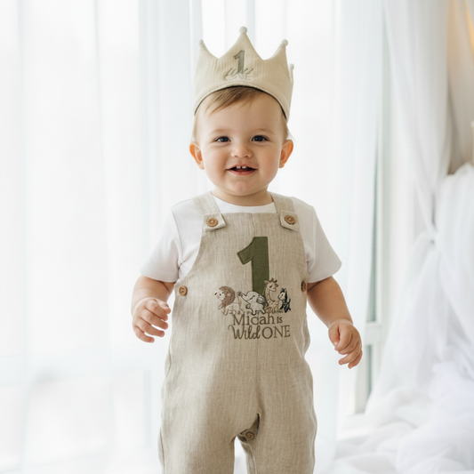 Boys Beige Linen Birthday overalls romper dungarees safari balloon fast car wild sea themes