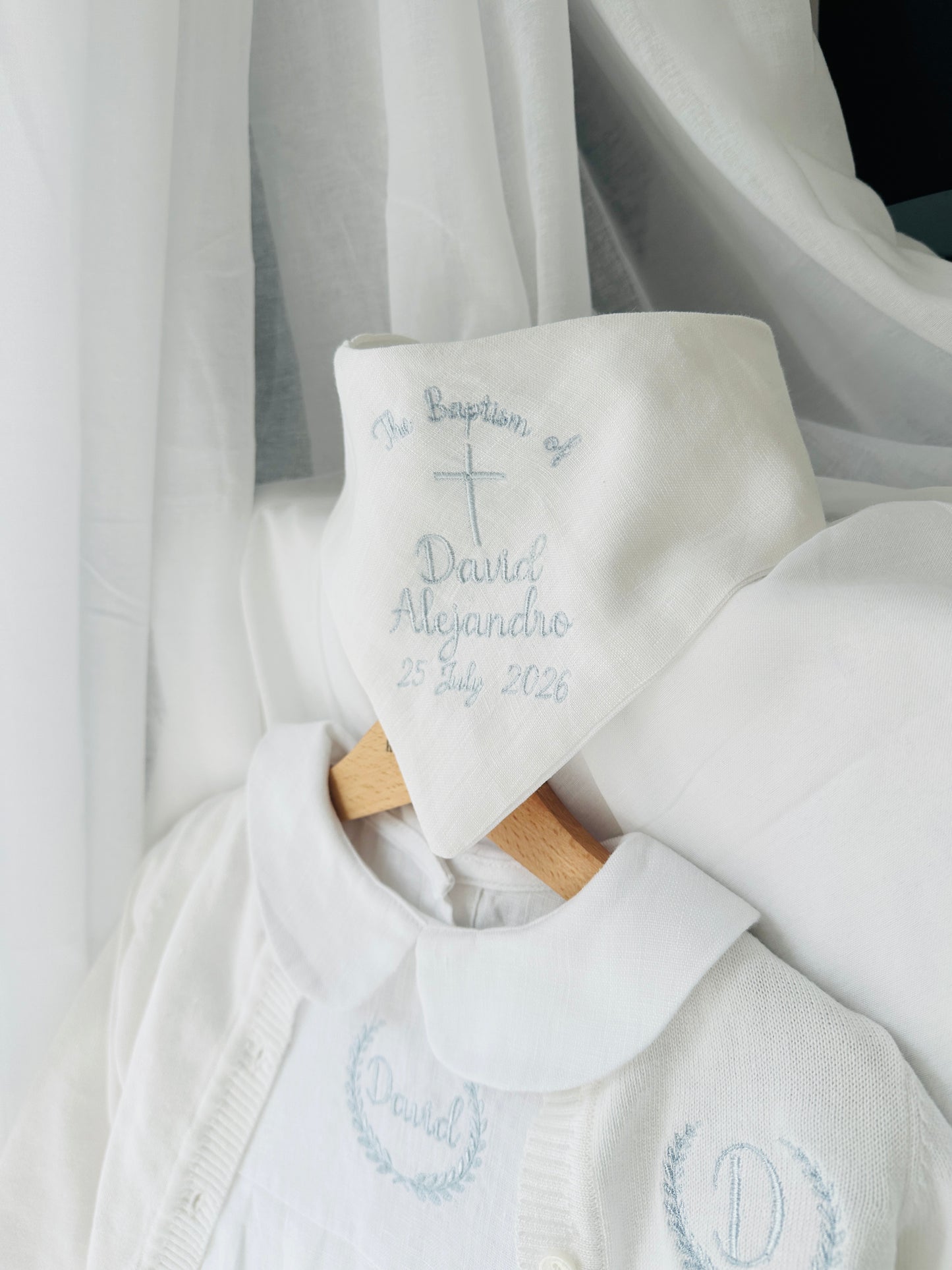 White linen Baptism Christening bib with optional embroidery