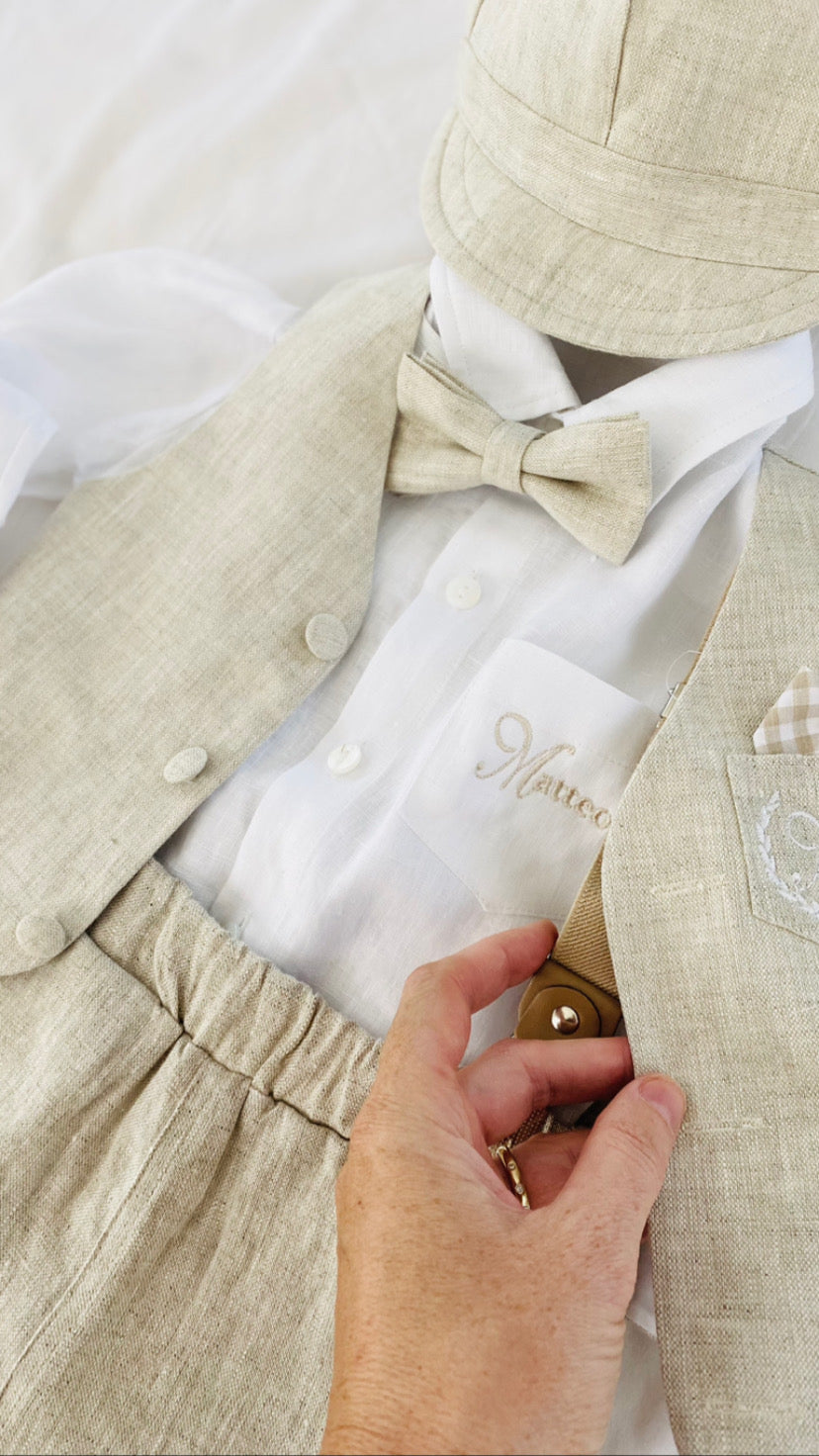 Baby and Toddler Boys white and beige linen summer set with vest, shirt, shorts, suspenders and bowtie