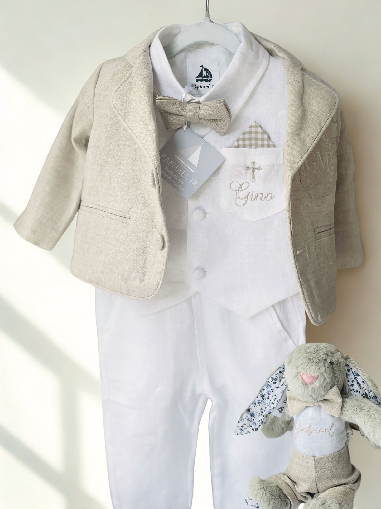 Boys White and Beige linen set with vest, shirt, pants, suspenders and bowtie plus optional jacket, cap and shoes